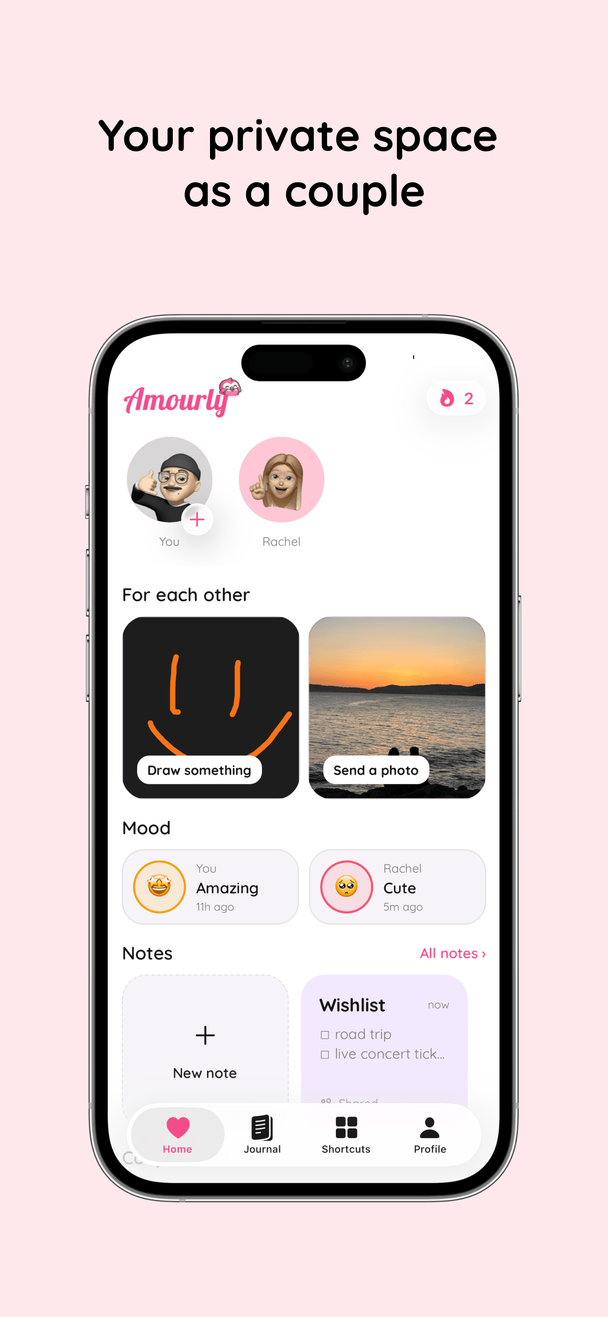 Amourly home screen with partner mood, stories and shared moments