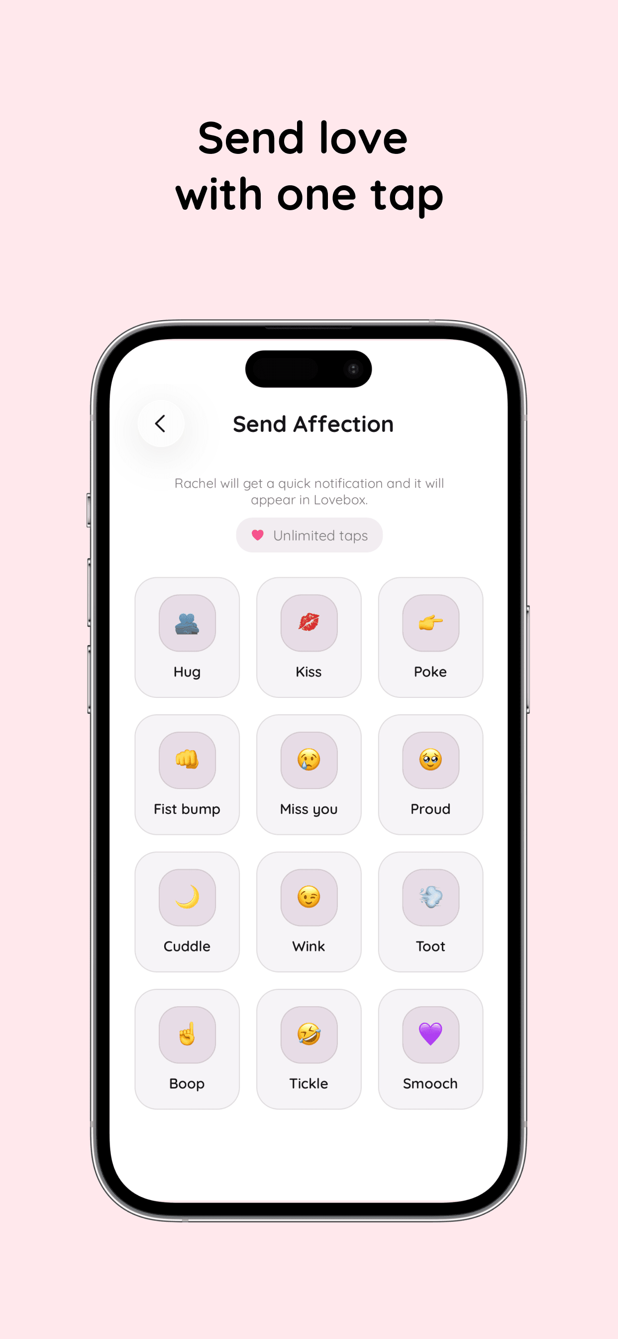 One-tap love taps like hug and kiss in the Amourly couples app