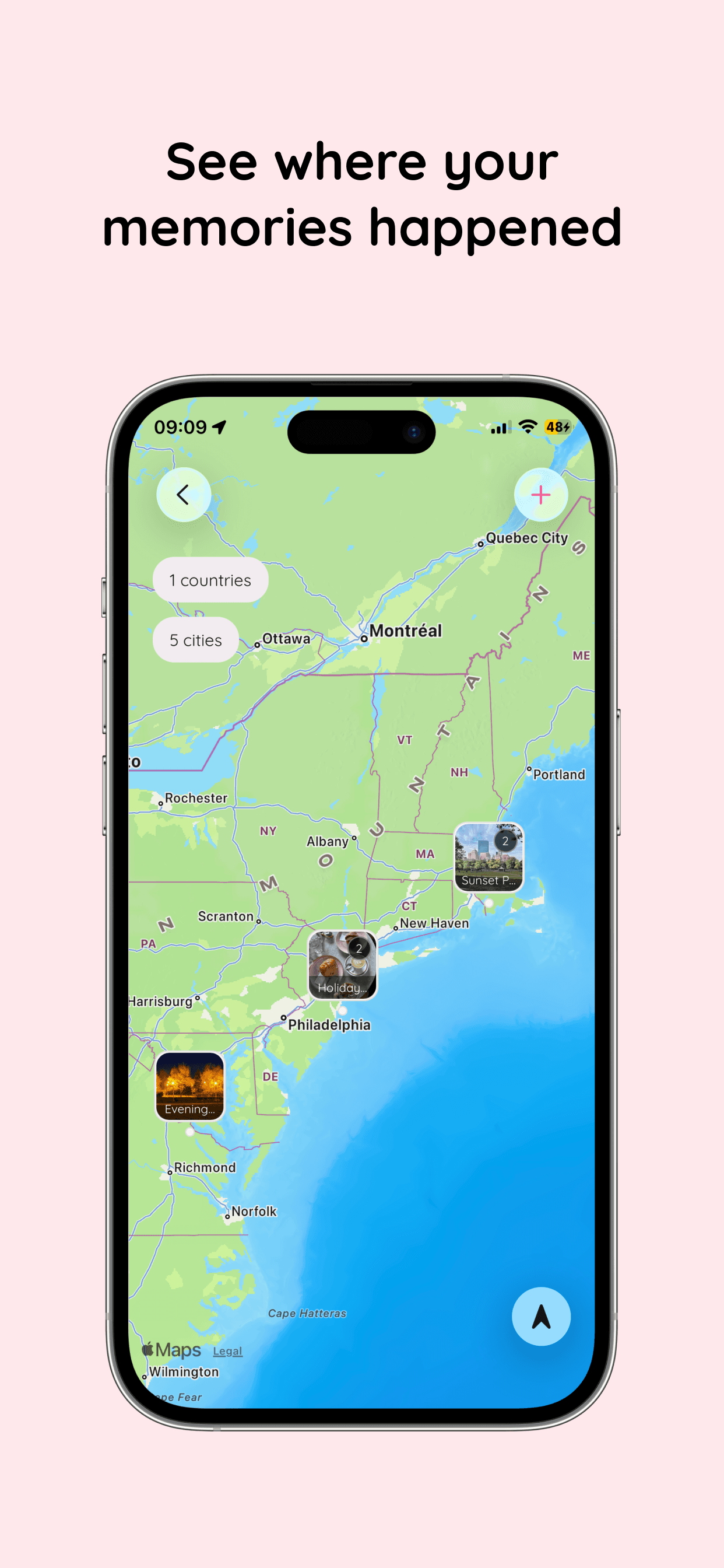 Amourly map with pins for a couple's saved memories and places visited