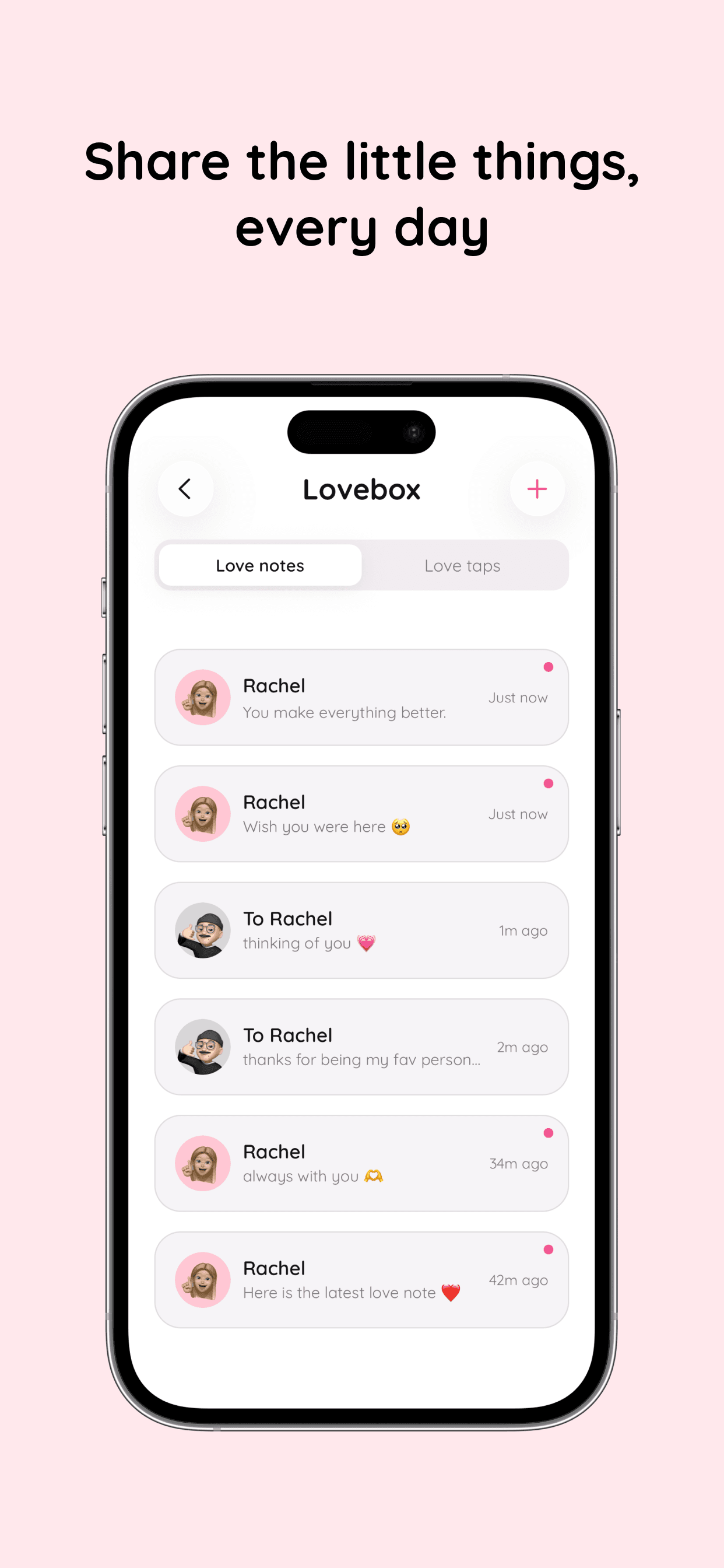 Amourly Lovebox on iPhone showing love notes and taps between partners