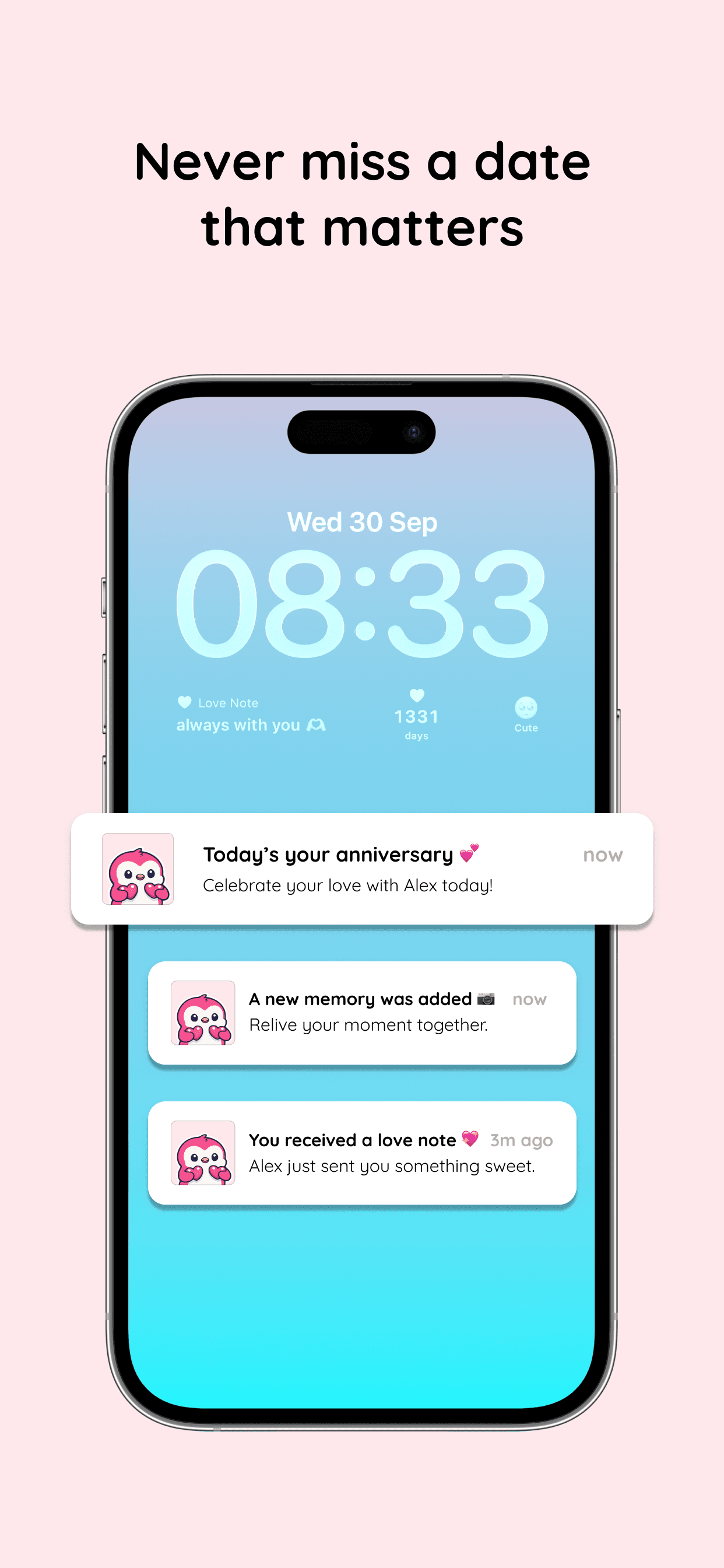 Amourly anniversary reminder notification on an iPhone Lock Screen