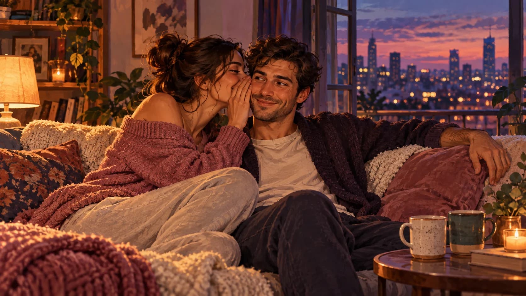 Warm illustration of a woman whispering to her smiling boyfriend as they relax on a sofa at dusk