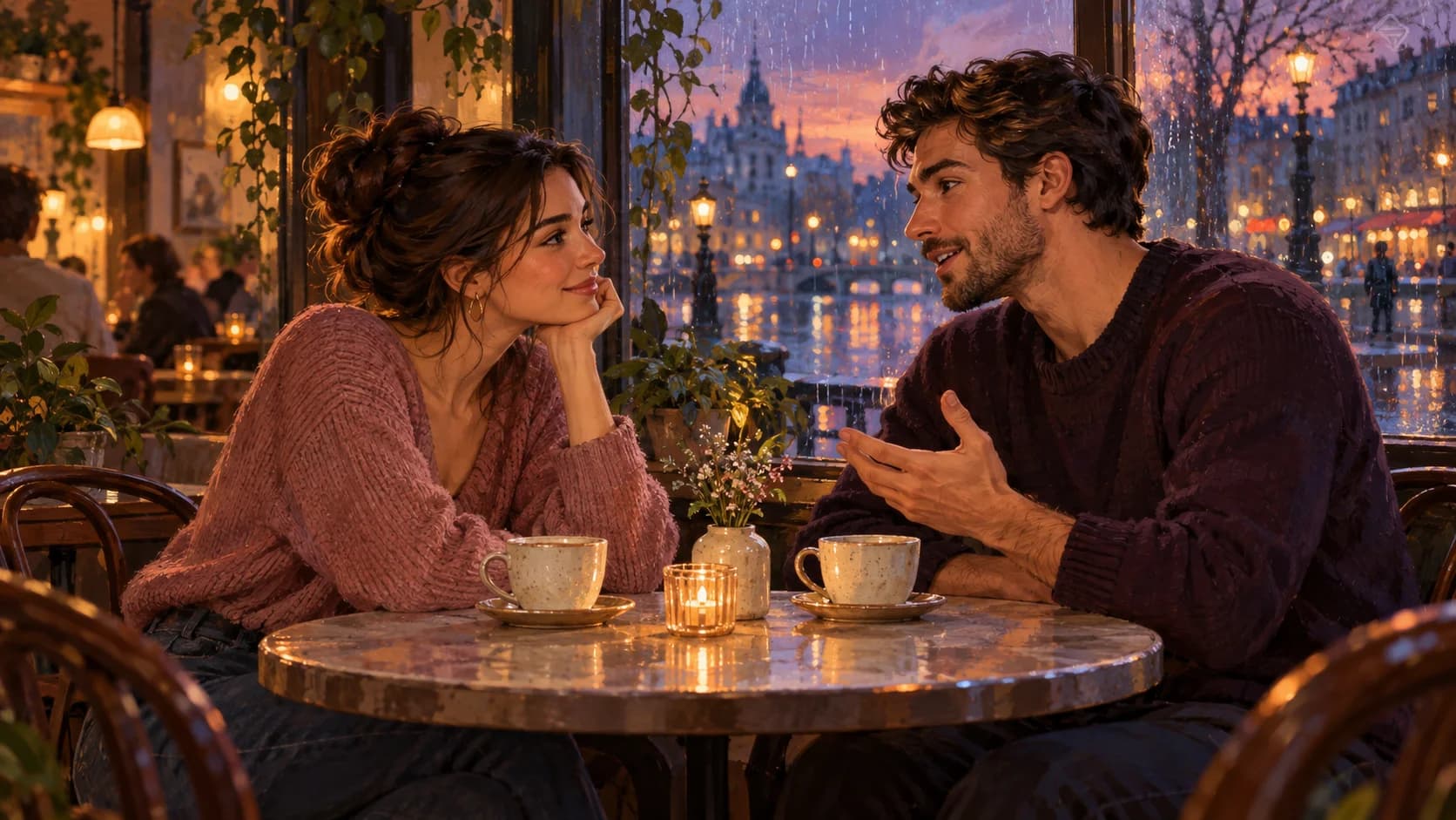 Warm illustration of a woman listening to her boyfriend tell a story over tea in a café at dusk