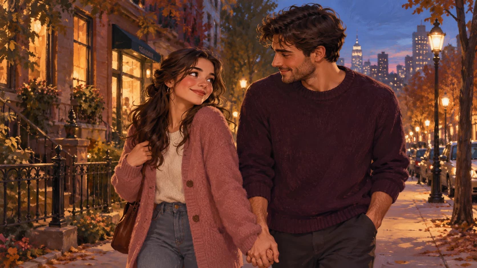Warm illustration of a smiling woman and her boyfriend holding hands on an autumn evening walk