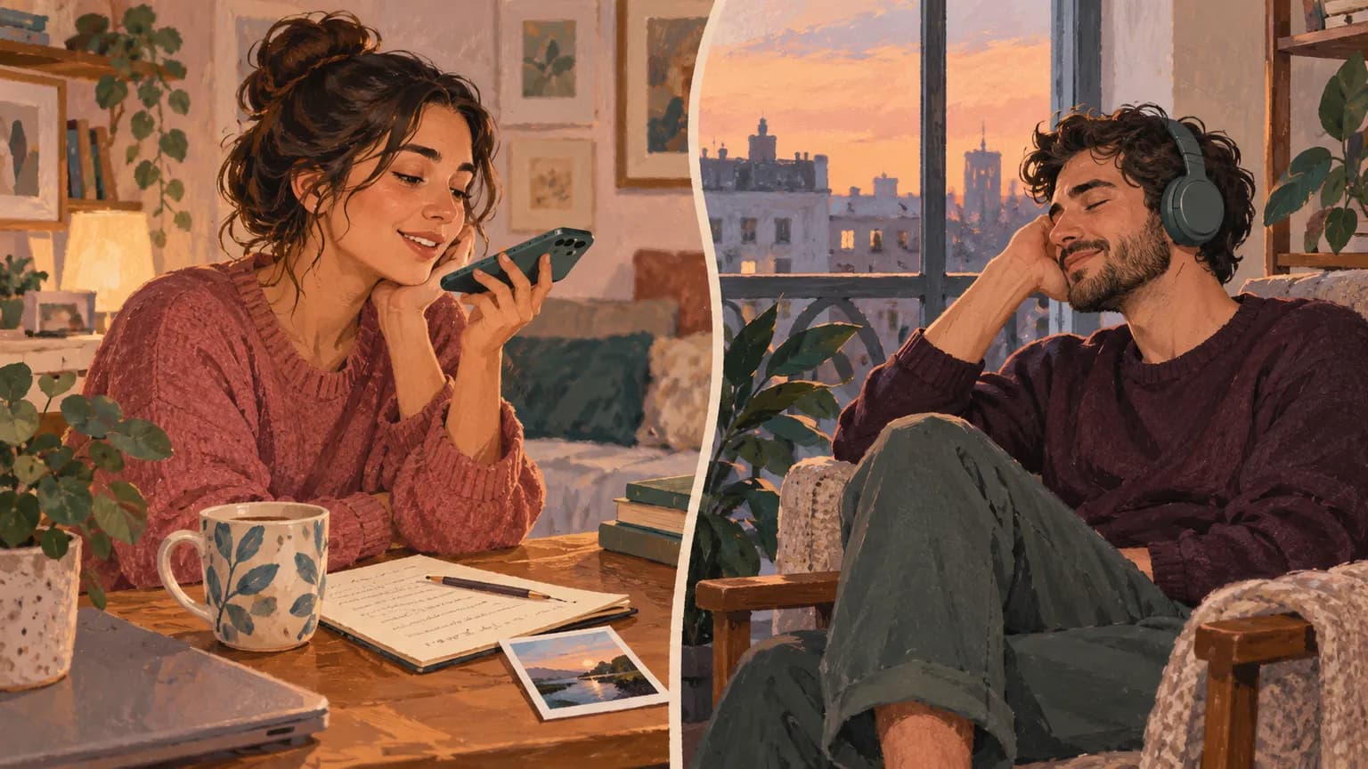 Illustration of one partner recording a voice message while the other listens with headphones