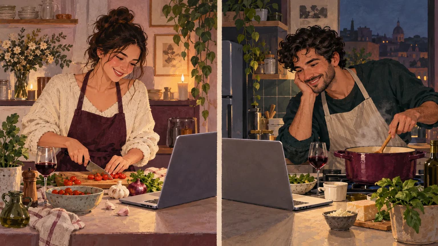 Illustration of partners cooking the same recipe in separate kitchens during a video call