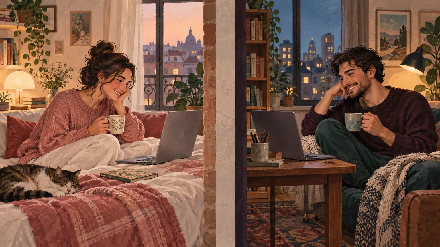 Illustration of two partners sharing tea over a video call from separate apartments
