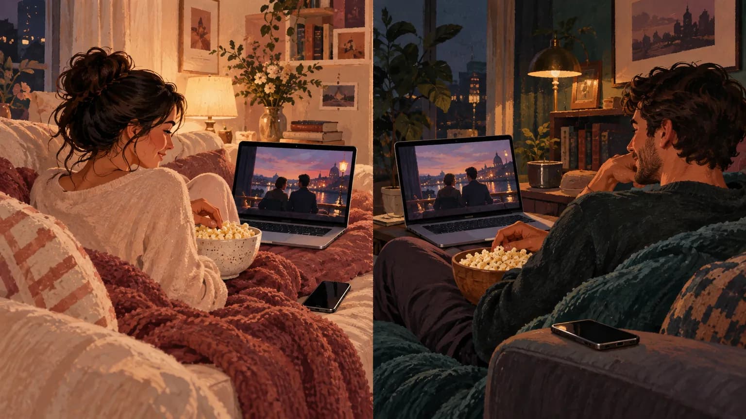 Illustration of two partners watching a film with popcorn in separate living rooms