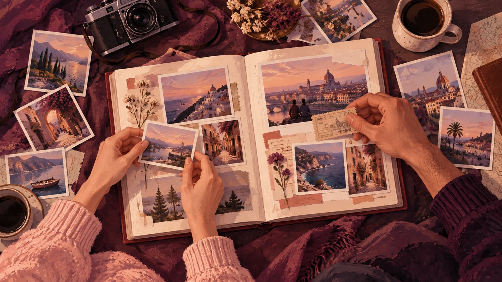 Illustration of two people arranging travel photos and keepsakes in a shared album